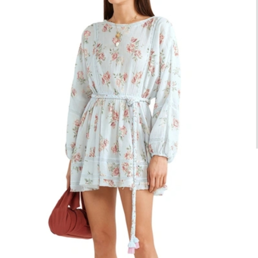 Loveshackfancy noelle floral cotton mini dress, peri XS - Picture 1 of 15